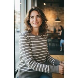 Sonoma Striped Sweater Women XL Taupe Brown Cream Crewneck Knit Pullover